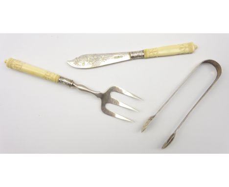 Late Victorian silver bread fork with ivory handle Sheffield 1895, matching butter knife and a pair of George IV silver sugar