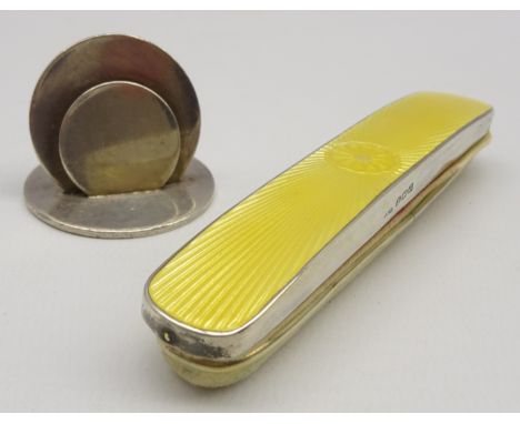 Silver and yellow enamel nail buffer Birmingham 1931 Maker Henry Clifford Davis and a silver menu holder  Condition Report & 