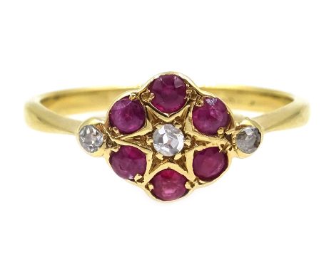 18ct gold diamond and ruby cluster ring, hallmarked  Condition Report & Further Details Approx 2.1gm, size M-NClick here for 