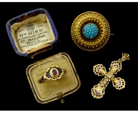 Victorian 18ct gold amethyst and enamel 'In Memory of' ring, London 1870, Victorian Etruscan Revival turquoise brooch and 14c