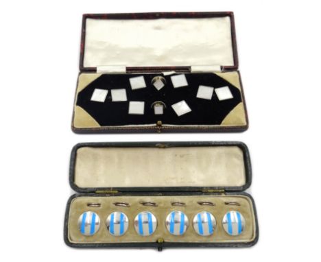 Set of of six Edwardian silver and blue enamel buttons by Lawrence Emanuel, Birmingham 1912, cased and set of Art Deco mother
