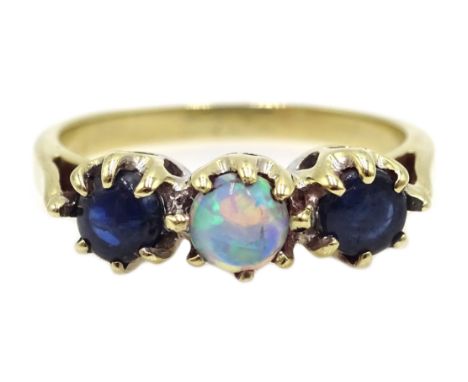 9ct gold three stone sapphire and opal ring, hallmarked Condition Report & Further Details Approx 2.1gm, size JClick here for