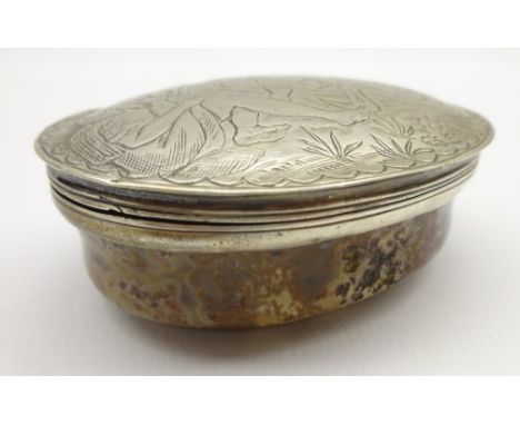 19th Century Continental moss agate oval snuff box, the hinged silver cover embossed in low relief with figures feasting 6cm 