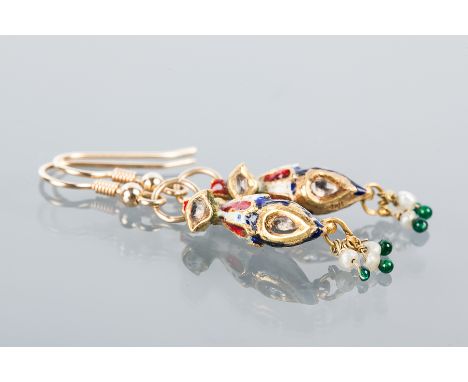 PAIR OF INDIAN ENAMEL AND DIAMOND DROP EARINGS
each set with two rough cut diamonds, enamelled in white, red, green and blue,
