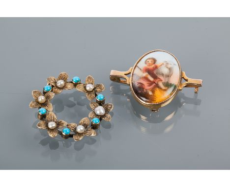 TURQUOISE AND PEARL PENDANT
of circular floral design, set with alternating seed pearls and turquoise beads, unmarked, along 