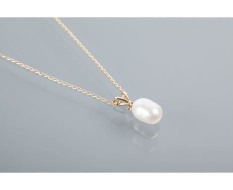 PEARL AND DIAMOND PENDANT
set with a freshwater pearl below a small diamond, unmarked, on a nine carat gold chain