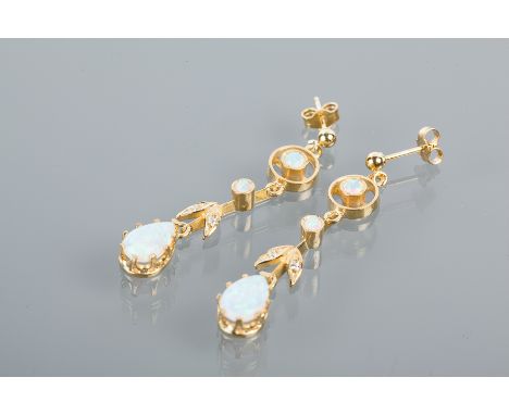 PAIR OF EDWARDIAN STYLE SILVER GILT SYNTHETIC OPAL EARRINGS
of floral design, set with pear and round opals, marked 925