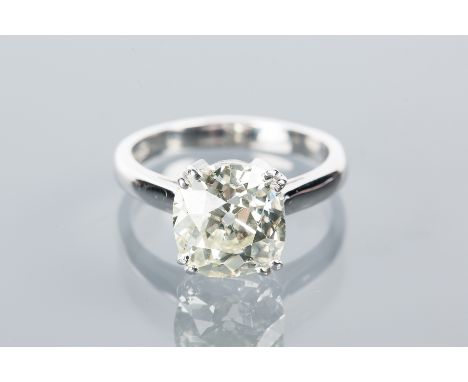 DIAMOND SOLITAIRE RING
the old cushion cut diamond approximately 4.46 carats, in eighteen carat white gold, size O-P