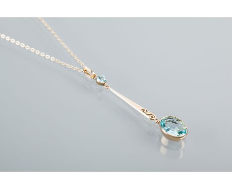 AQUAMARINE PENDANT
set with a large oval aquamarine suspended below a smaller round aquamarine, marked 9ct, on a chain