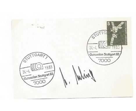 Motor Racing Karl Kling signed envelope double PM Stuttgart 24-4-1983 autosalon Stuttgart 83 7000, Karl Kling (16 September 1