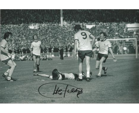 Football Charlie George signed 12x8 black and white photo pictured after scoring his iconic goal for Arsenal in the FA Cup fi