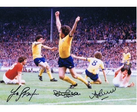 ARSENAL 1979: Autographed 16 x 12 photo, depicting Arsenal players celebrating after BRIAN TALBOT had scored the opening goal