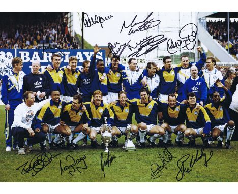 LEEDS UNITED 1992: Autographed 16 x 12 photo, depicting Leeds United players posing with the First Division trophy at Elland 