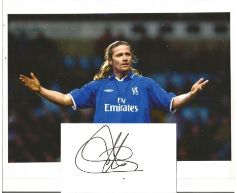 Football Emmanuel Petit signature piece includes signed 5x3 white card and a 10x8 colour photo pictured while playing for Che