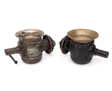 A sheet metal and brass carriage lamp and one other of similar design. (2)