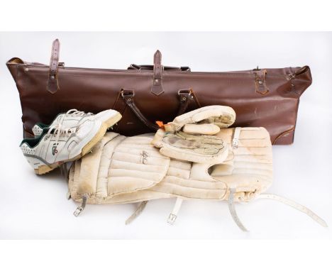 A pair of  vintage Lillywhite Frowd cricket pads, together with a pair of cricket trainers and gloves in a brown rexine  cric