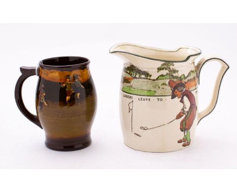 A Royal Doulton Kingsware Golfing  jug after Chas Crombie: decorated with a man in green waistcoat and red breeches addressin