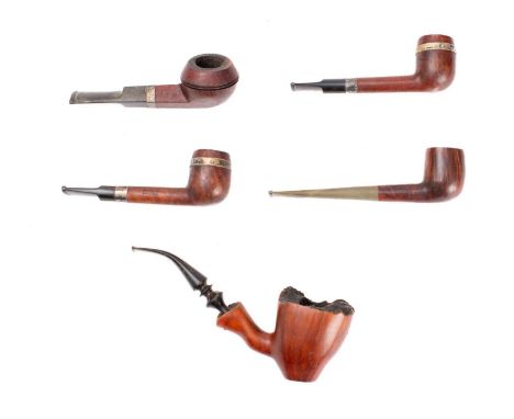 A pair of silver mounted Dunhill briar pipes,  together with two other Dunhill briar pipes and a briar root pipe stamped 'Ast
