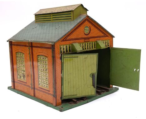 A Hornby O gauge No. Engine Shed, green base version  with double track and doors, unboxed, (playworn with some bending to st
