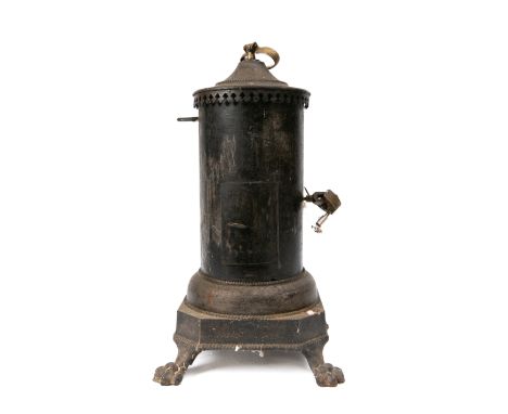 A 19th Century Continental clockwork spit engine in cylindrical blackened metal casing surmounted by a brass carrying handle,