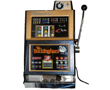 A mid 20th century 'The Buckingham' fruit machine By IL Limited , Slough,  the metallic gold coloured frame with two glass pa