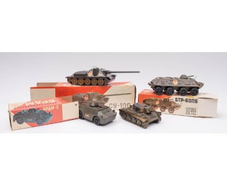 A boxed group of three Russian 1/43rd scale military vehicles, together with a petrol lighter in the form of a tank (4) 