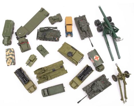 Britains, Dinky and others. An unboxed collection of military vehicles,  including a Britains 105mm gun, Dinky Austin Champ e