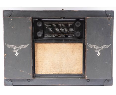 A WWII Luftwaffen-Koffer K32GWB Radio by Siemens, circa 1942,  the wooden case with metal mounted corners, signed to top as p