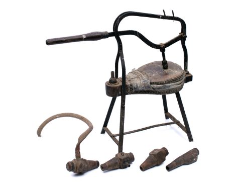 A 19th Century French iron, wood and leather bellows, the bellows operated by a single turned wood handle, on an iron tripod 