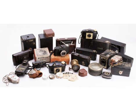 Kodak and other makers. A group of various cameras,  including box Brownie, vest pocket cameras, a brown Bakelite 'No.2 Hawke