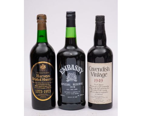 A bottle of Cavendish Vintage 1949,  a bottle Embassy Reserve 1978 and  bottle of  Harveys Bristol Sherries 600th Anniversary