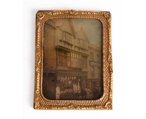 Of Exeter Interest. A 19th century ambrotype of 'Nott's' butcher shop, 56 South Street Exeter circa 1866,  in a pressed gilt 