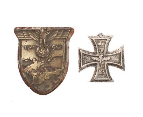 A WWII German Army/Waffen-SS Krim Campaign shield and a cast reproduction Iron Cross: 