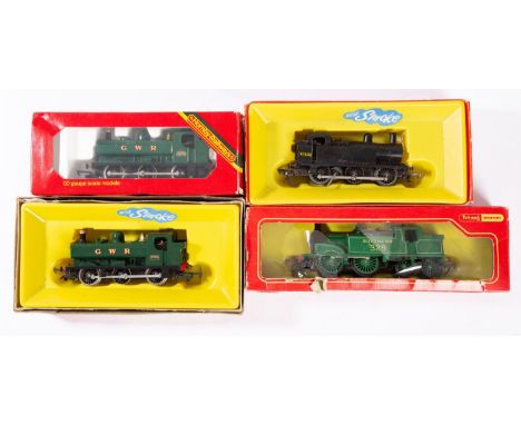 Hornby OO/HO gauge. A group of four steam outline  locomotives, including two R,51S GWR 0-6-0  pannier tank locomotives No. 8