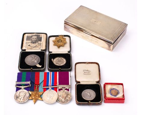 A WWII group of four to '6285296 Pte J Swaine. The Buff',  comprising George VI General Service Medal with Palestine Clasp, 1