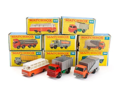 Matchbox Regular Wheels. A boxed group of  eight commercial vehicles, 16 case Tractor, 47 Daf tipper Container Truck, 32 Leyl