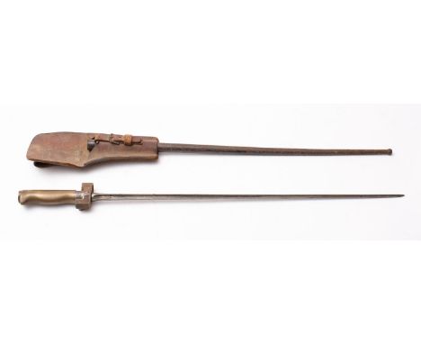 A WWI period French Label Model 1886 bayonet with steel scabbard and brown leather frog. 