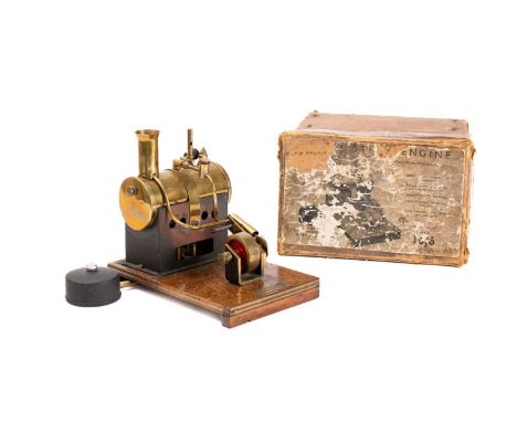 A Mersey Model Co, Ltd No. 52 Horizontal Stationary Steam engine  with lacquered brass boiler and piston on a wooden base, wi