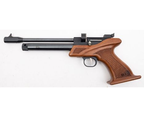An SMK CP-1M .177  calibre CO2 target air pistol,  bolt action chamber with ten round rotary magazine, black finish and chequ