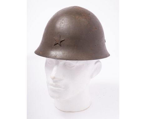 A WWII Japanese Infantry Type 90 Steel combat helmet, brown finish with army helmet star to front, triple bamboo padded brown