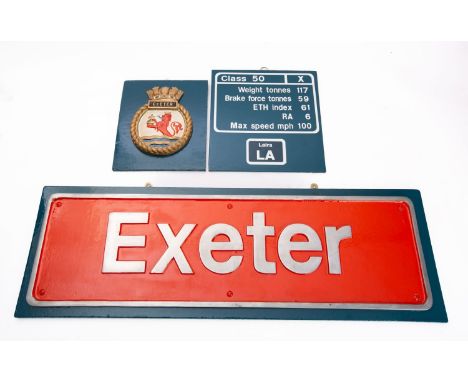 An alloy replica nameplate for the BR Class 50 Co-Co Diesel locomotive 'Exeter' 50044,   together with crest and data plaque 