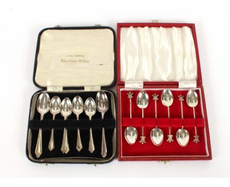 A cased set of six silver coffee spoons, with Prince of Wales plume terminals; seven various cased silver and plated teaspoon