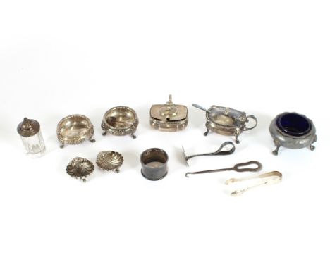 A quantity of various silver and plated cruets, napkin ring, button hook, child's pusher etc.