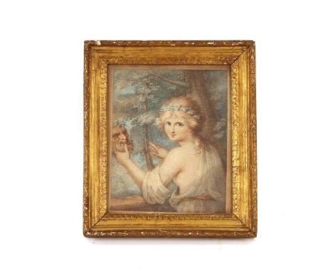 A 19th Century coloured print of a girl holding a bacchanalian&nbsp;mask, 24cm x 20cm in decorative gilt frame