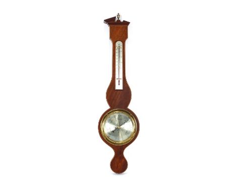 A mahogany, boxwood and ebony edged barometer, of small size, by Comitti, London, with a scale plate and thermometer below, 6