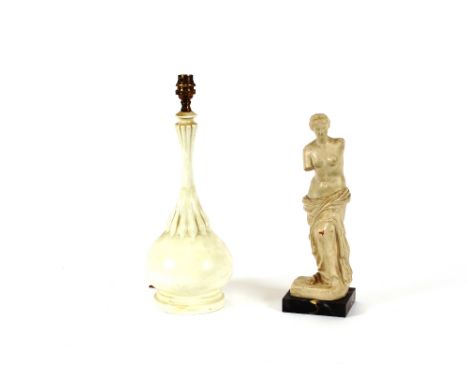 A Worcester blanc de chine table lamp, of baluster form, 33cm high; and a painted earthenware classical figure on marble plin