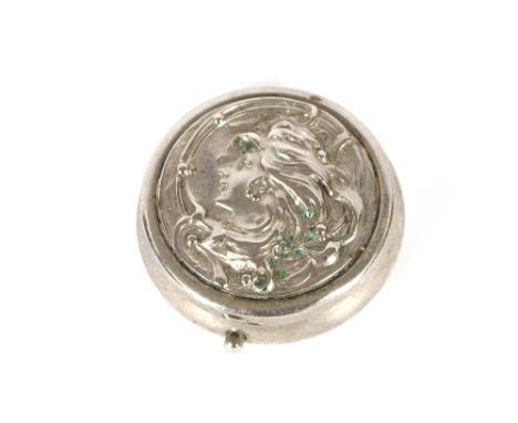 A white metal Art Nouveau circular snuff box, with female figure head decoration