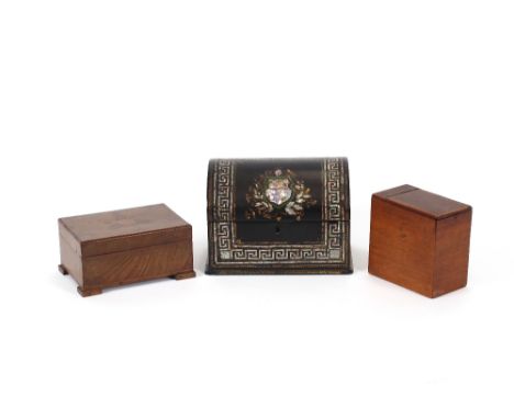 A Victorian papier mache and mother of pearl inlaid stationery casket, with silk lined interior, 21cm wide; a 19th Century ma