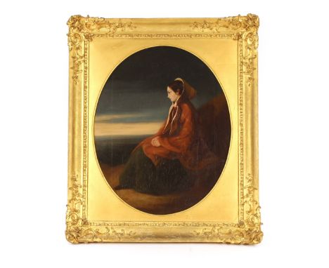 19th Century school, study of a seated lady wearing red cloak, unsigned oil on canvas, mounted as an oval, 53cm x 42cm