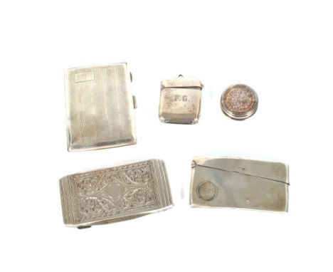 An Edwardian silver card case, of curved form, Birmingham 1904; a small silver Vesta case, initialled FG, Birmingham 1896; an